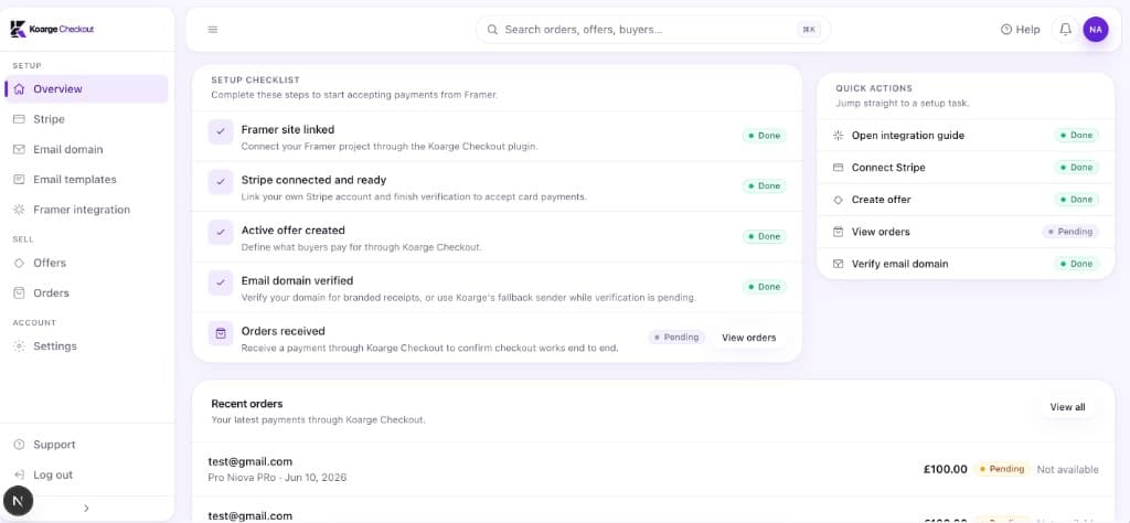 Koarge Checkout seller dashboard showing the setup checklist, quick actions, and recent orders