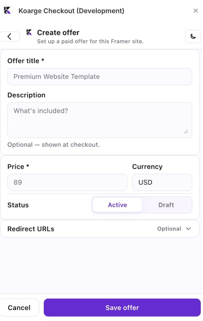 Create offer form in the Koarge Checkout Framer plugin