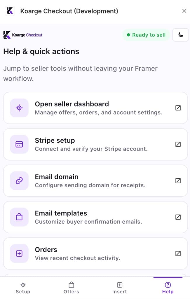 Help and quick actions screen in the Koarge Checkout Framer plugin