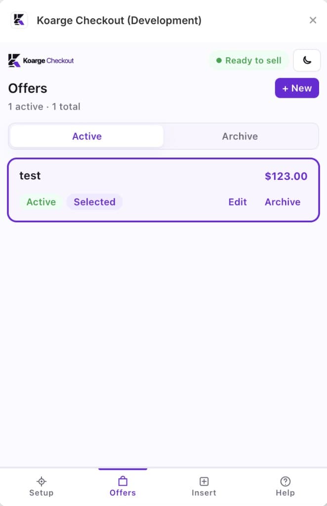 Offers screen in the Koarge Checkout Framer plugin listing active offers with price and status