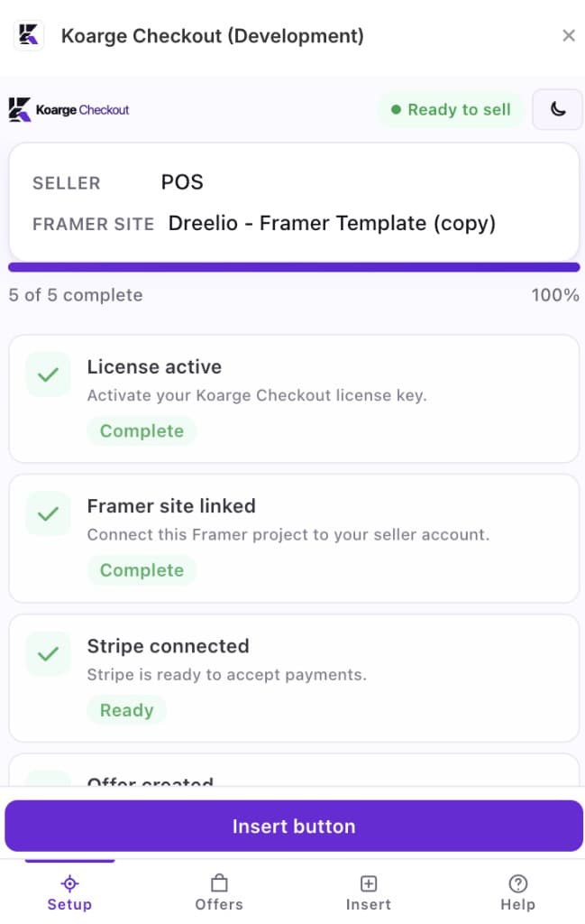 Koarge Checkout plugin setup checklist inside Framer
