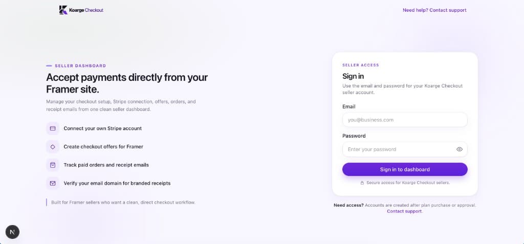 Koarge Checkout seller dashboard sign-in page
